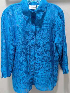 Alfred Dunner Turquoise Shirt Jacket Flowered Sheer 3/4 Sleeve Size 12